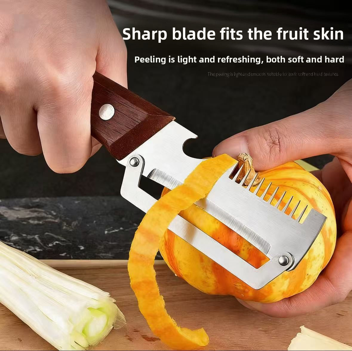 ChefEdge Duo Wood-Handle Peeler & Scallion Slicer — 2-in-1 Stainless Kitchen Tool
